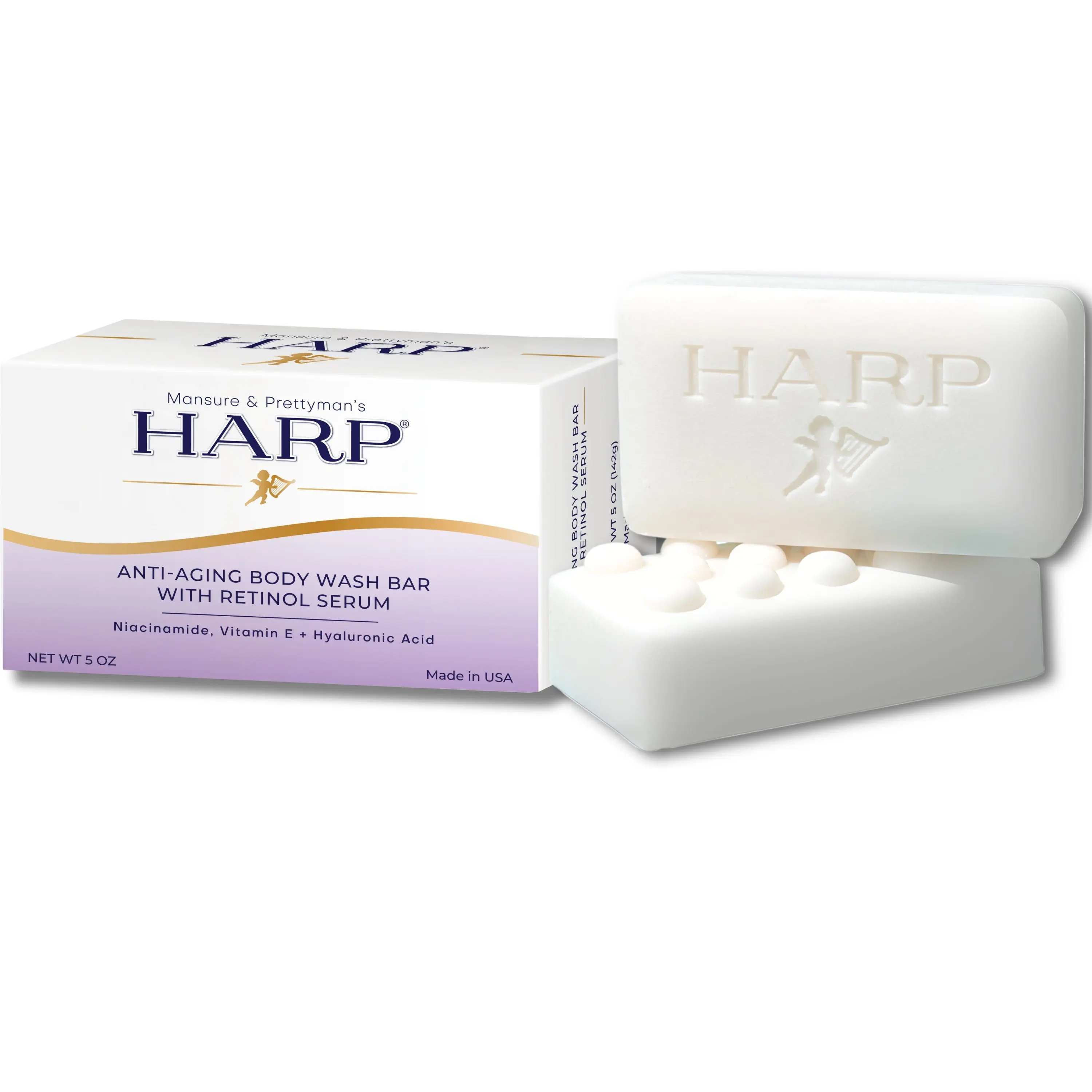 HARP Anti-Aging Body Wash Bar With Retinol Serum + Niacinamide, Vitamin E, Hyaluronic Acid. 100% Syndet Base. Soap/Lye-Free and Fragrance Free and no fragrance masking agents. Skin Repair Bar.