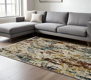 HomeRoots 575032 8x11 ft. Abstract Distressed Fringed Modern Rectangle Area Rug - Beige, Rust, Light Blue, Ideal for Living Rooms, Bedrooms, Abstract Area Rugs, Modern Area Rug