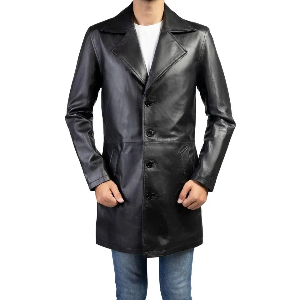 Jild Men's Classic Real Leather Trench Coat