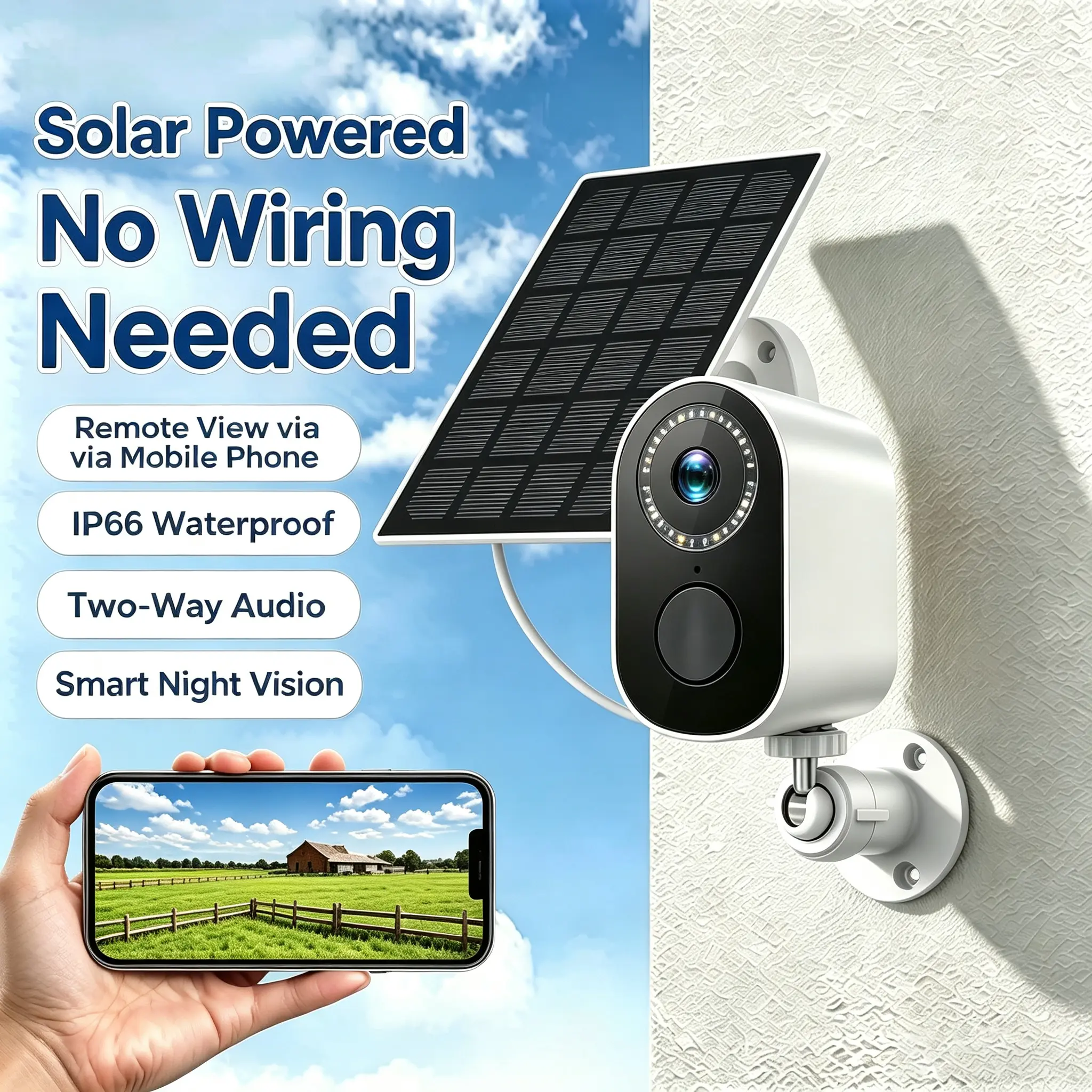2K WiFi Solar Security Camera, Indoor/Outdoor No Wiring, IP66 Waterproof, Night Vision Motion Detection, Two-Way Audio, Cloud Storage, App Control