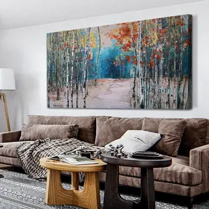 Ardemy White Birch Tree Canvas Wall Art Blue Forest Painting Landscape Panoramic Picture, Nature Teal Artwork Large Framed for Living Room Bedroom Bathroom Dinning Room Home Office Wall Decor 40"x20"
