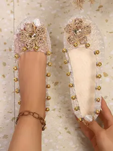 Women's Crystal Jelly Shoes New Unique Design Low-Top Single Shoe Women Grid Flat DIY Sandals, Casual PU Rubber Sole Flats Shoes Women