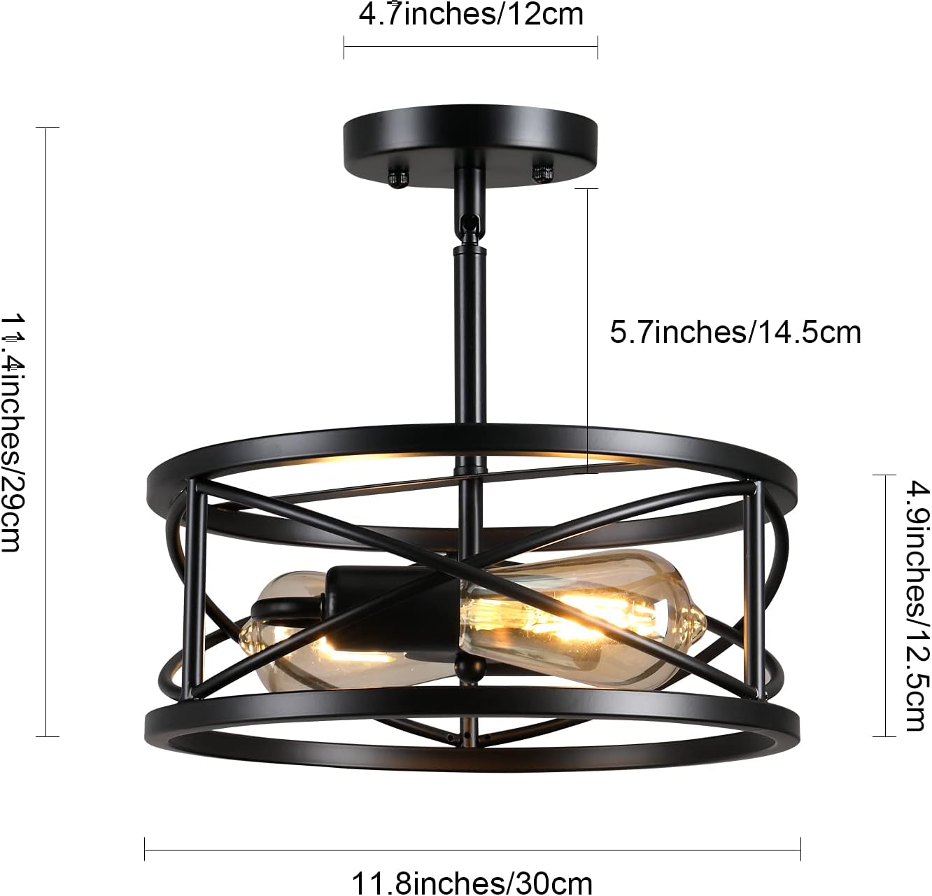 Farmhouse Semi Flush Mount Ceiling Light Fixtures, 11.8" 2-Light Black Industrial Metal Cage Lighting for Hallway Kitchen Entryway Bedroom