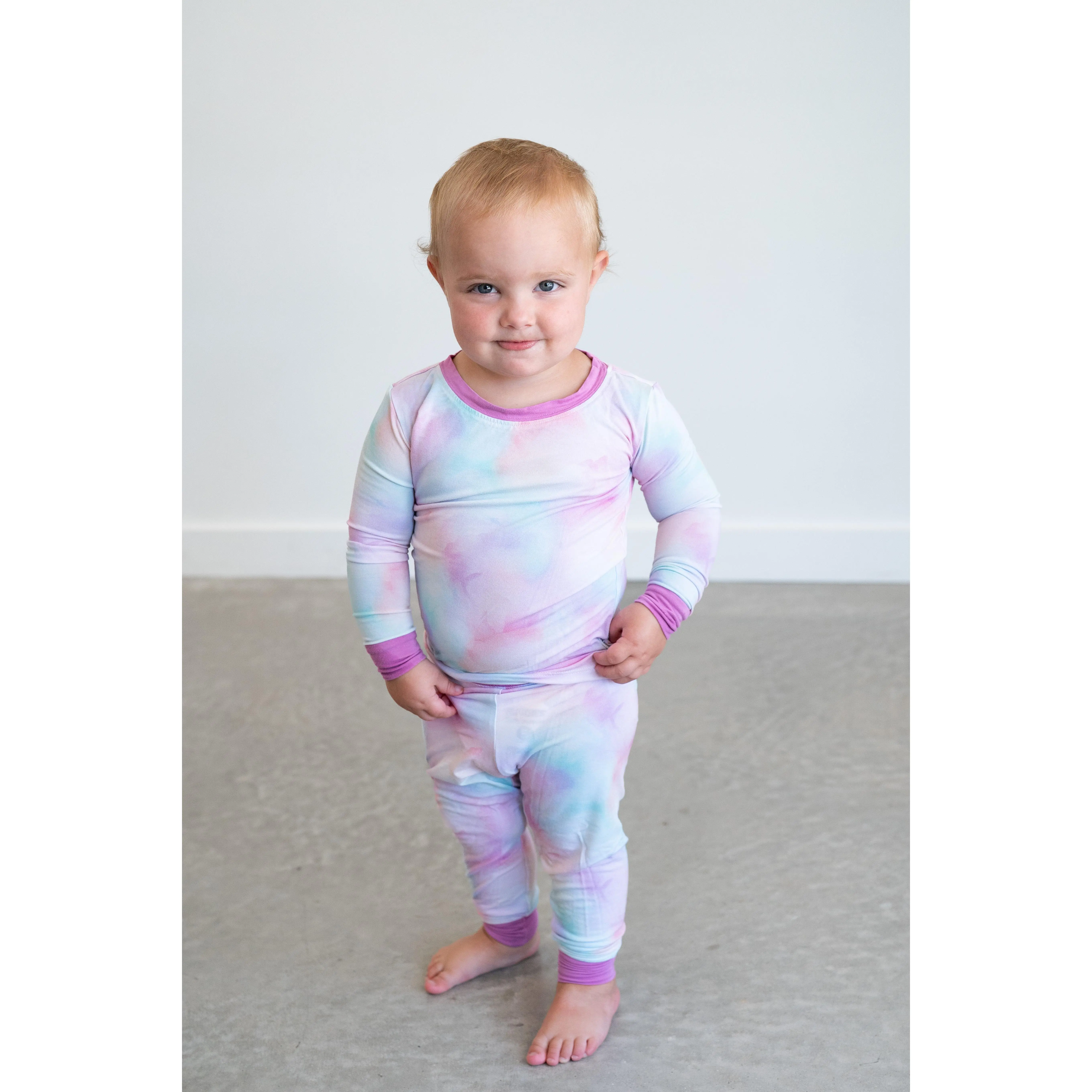 Cotton Candy Tie Dye Two-Piece Pajama Set for Kids - Soft Bamboo Viscose & Spandex - Dreamy Watercolor Print - Easy Care Machine Washable - Cozy Spring Sleepwear