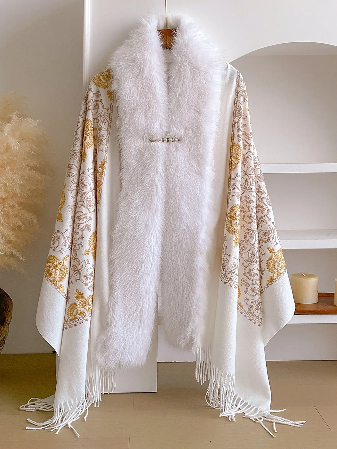 Women's Ethnic Embroidery Soft Warm Shawl Wrap, Boho Style Embroidered Scarf, Fall & Winter Warm Fitted Outerwear, Elegant Lightweight Luxurious Feel, Versatile Fashion Accessory
