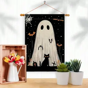 1PC Spooky Halloween Garden Flag With Ghostly Specter And Black Cat Enhance Your Outdoor Decor With Eerie Bats And Glistening Spiderwebs Perfect For