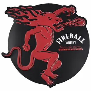 Fireball Shaped Embossed Metal Wall Sign – “Tastes Like Heaven, Burns Like Hell” – 16" x 15.5" – Lightweight, Ready to Hang, Man Cave/Home Bar Décor