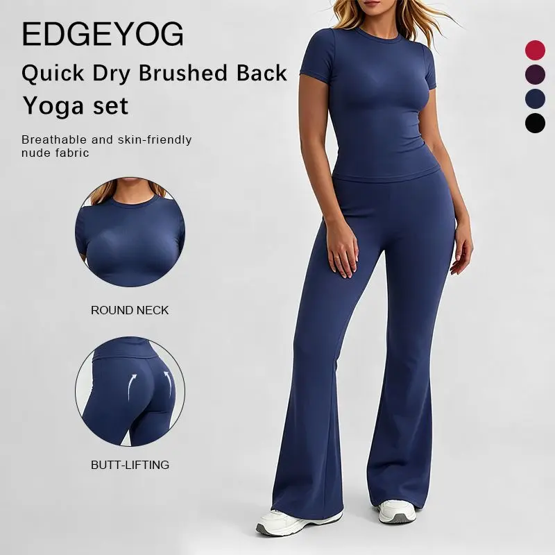 EDGEYOG Women's 2-Piece Yoga Set - Slim-Fit Short Sleeve Tee & High-Waist Flare Pants, Affordable Matching 2 Piece Set for Women, Casual Autumn Workout Gym Outfit, Outfit Athleisure Set Fitness Athletic Activewear Athleisure Set