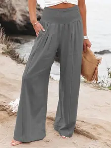Women's Solid Shirred Wide Leg Pants, Casual Comfy Pocket Trousers for Daily Wear, Ladies Bottoms for All Seasons, Casual Lounge Pant