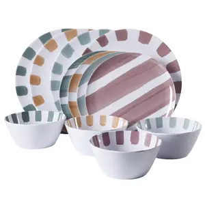 Gibson Home Cottage Stripes 12 Piece Unbreakable Melamine Plates and Bowls Dinnerware Set - Outdoor, Camping, & Everyday Use - Assorted Colors