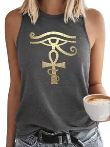 Egyptian Eye of Horus Ankh Golden Crackle Symbol Graphic High Neck Sleeveless Tank Top | Vintage Style for All Seasons, Casual Wear & Outdoor Activities, Ancient Egyptian Spiritual Holiday Gift for Women