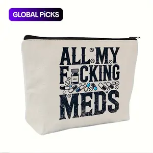 All My Meds Letter Pattern Canvas Makeup Bag, 1/6/16pcs Reusable Zipper Makeup Organizer, Travel and Makeup Pill Storage Bag, Travel Cosmetic Bags, Cosmetics Bag, Makeup Pouch, Perfect Gifts for Women #GLOBAL PICKS