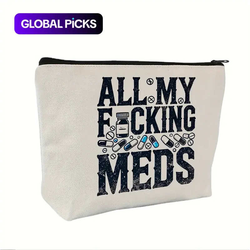 All My Meds Letter Pattern Canvas Makeup Pouch, Portable Cosmetic Pouch, Cosmetics Bag, 1/6/16pcs Reusable Zipper Makeup Organizer, Travel Cosmetic Bags, Pill Storage Bag, Gift Idea for Women #GLOBAL PICKS