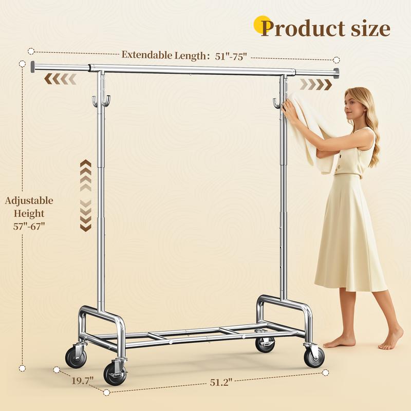 BePatio Clothing Rack for Drying,  Extendable & Height Adjustable Coat Clothing Rack with 4 Hooks for  Bedroom,Laundry,Outdoor,Clothing Store, Clothes Racks for Closet Holds Up to 220LBS,Portable Rolling Garment Rack with Lockable Wheels