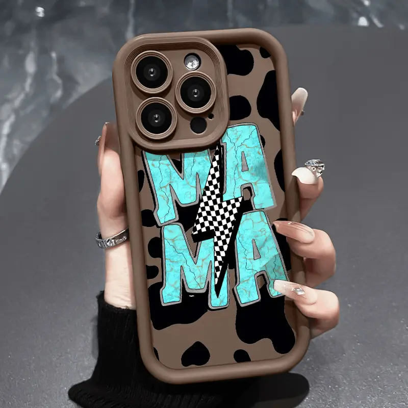 Western Vibe Cow Print Mama Phone Case, Turquoise Marble Letter with Checker Lightning, Beige Frame Soft TPU Shockproof Anti-Scratch Cover, Trendy Protective Shell for Samsung S26 25 24 23 22&iPhone 17 16 Pro Max 15 Plus 14 13 12 11 XS XR, Smartphone, Loc