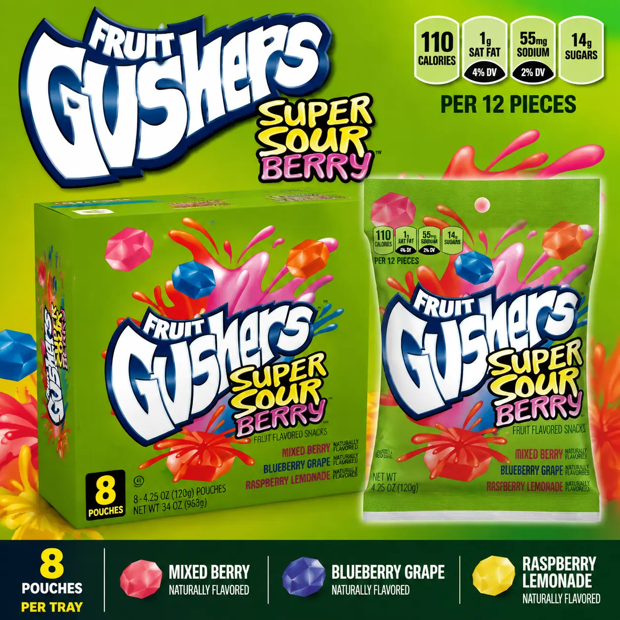 Gushers Super Sour Fruit Snacks 4.25 oz 8 Count  Sour Gummy Candy with Juicy Center | Fruity Party Snack Pouches
