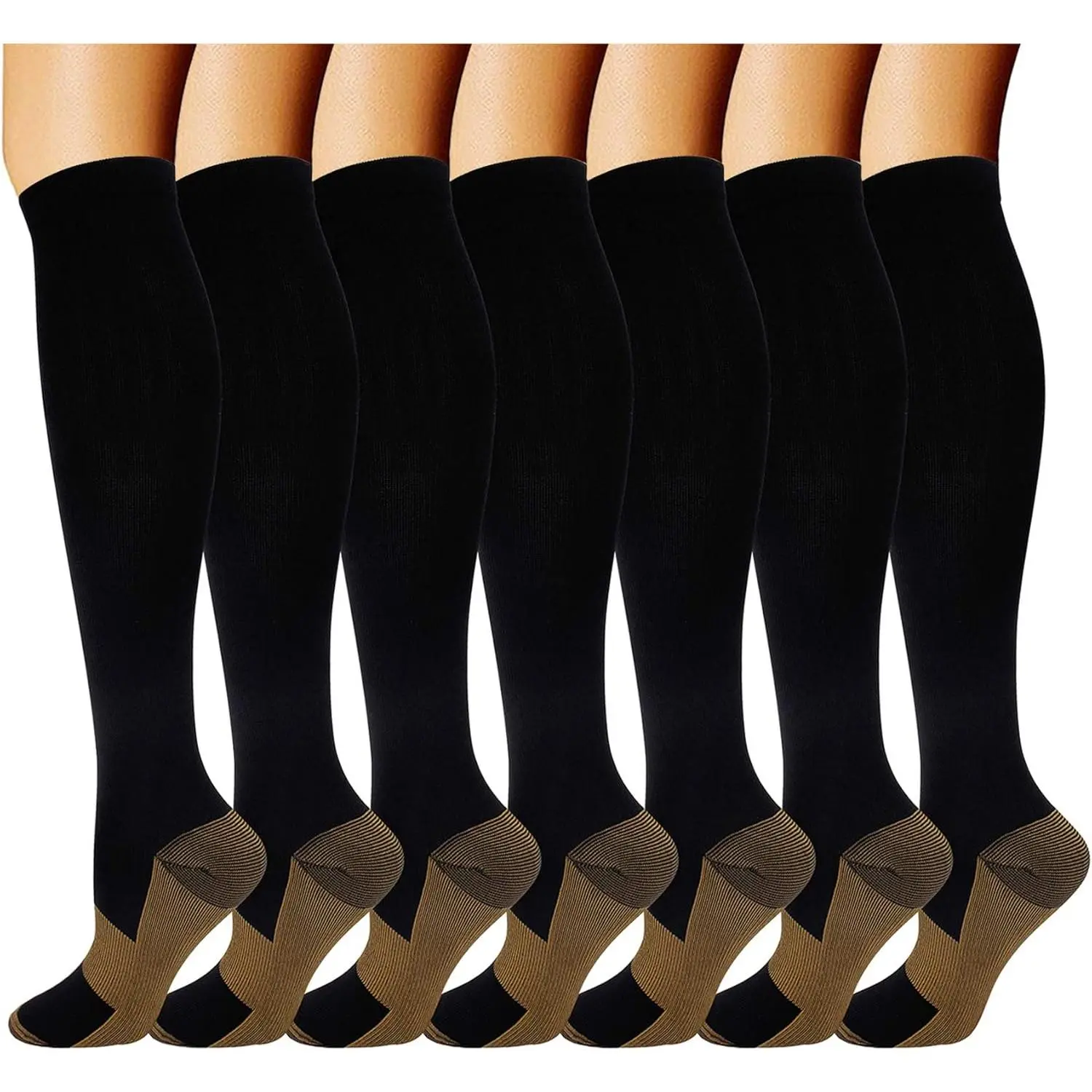 Double Couple 7 Pairs Copper Compression Socks  Men Women 20-30 mmHg Knee High Stockings