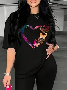 Women's Butterfly & Heart Print Drop Shoulder Tee Top, Fashion Casual Style Round Neck Half Sleeve Fabric T-Shirt for Daily Wear, Ladies Clothes for All Seasons, Womenswear