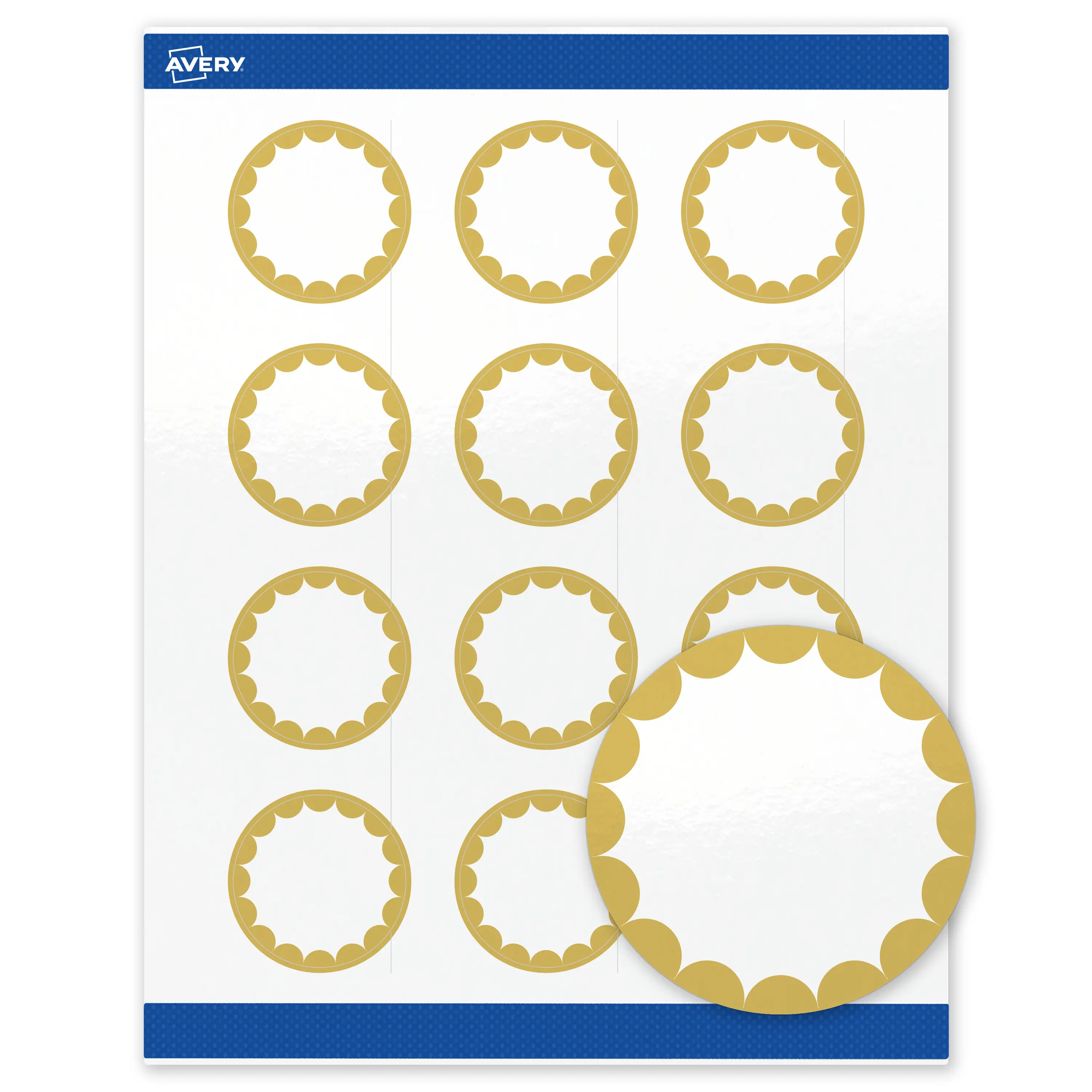 Avery Printable Round Labels with Sure Feed Technology, Gold Dots Edge Design, 2" Diameter, Glossy White Permanent Labels, Laser/Inkjet, 120 Total, Great for Product Labels