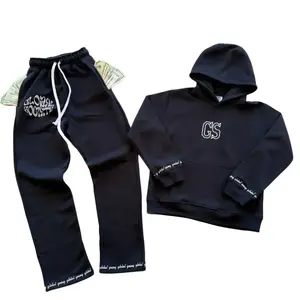 Global Society Unisex Navy Blue French Terry Blend Hoodie & Jogger Set with Slight Crop Fit and Distressed Cuffs