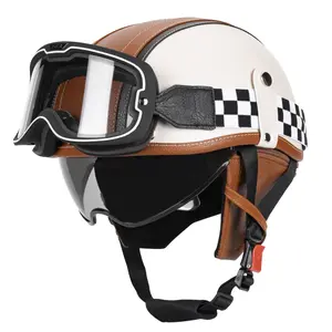 QUICKOOL DOT Legal Retro Half Motorcycle Helmet - Leather-Trim Open Face Design, Photochrome Goggles, Quick Release Buckle for Cruiser, Chopper