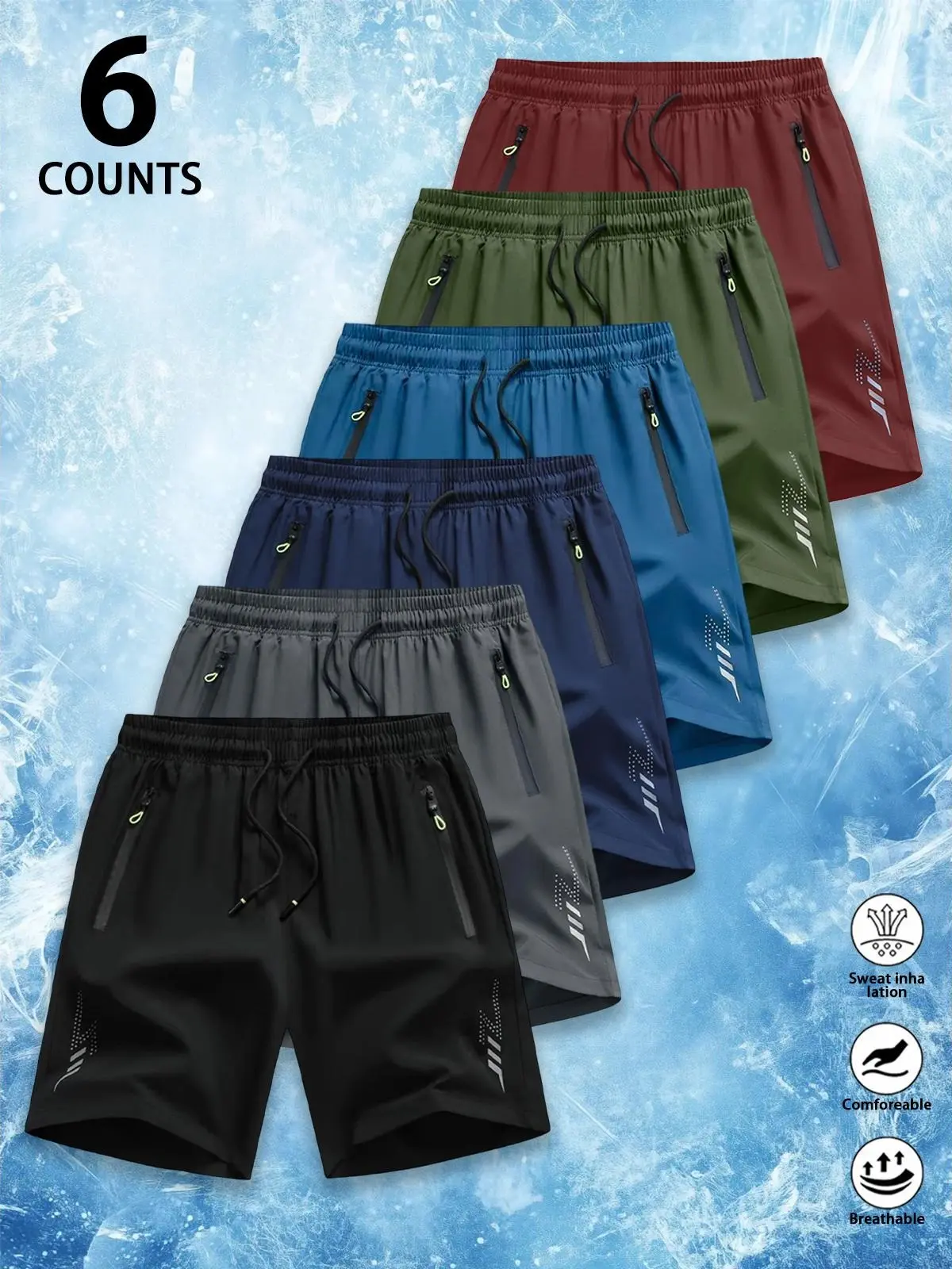Men's Premium Quick-Dry Athletic Shorts (6-Count) - Breathable, Lightweight Clothes with Elastic Waist Adapts Fast, Cooling Drawstring, Secure Zipper Pockets, Reflective Detail, Loose-Fit for Gym, Running, Breathable Cool Men's Shorts, Quick-Dry Keeps You