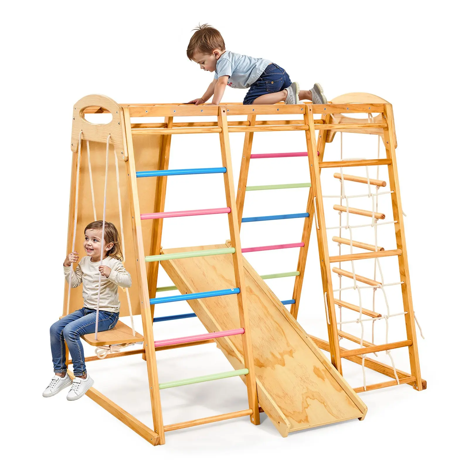 【DealsForYouDays】VEVOR Durable 7-in-1 Wooden Indoor Jungle Gym Playground Equipment, 250LBS Montessori Set with Swing, Monkey Bar, Slide, Wooden Ladder, Rope Ladder, Climbing Net, Rock Climbing Wall for Kids