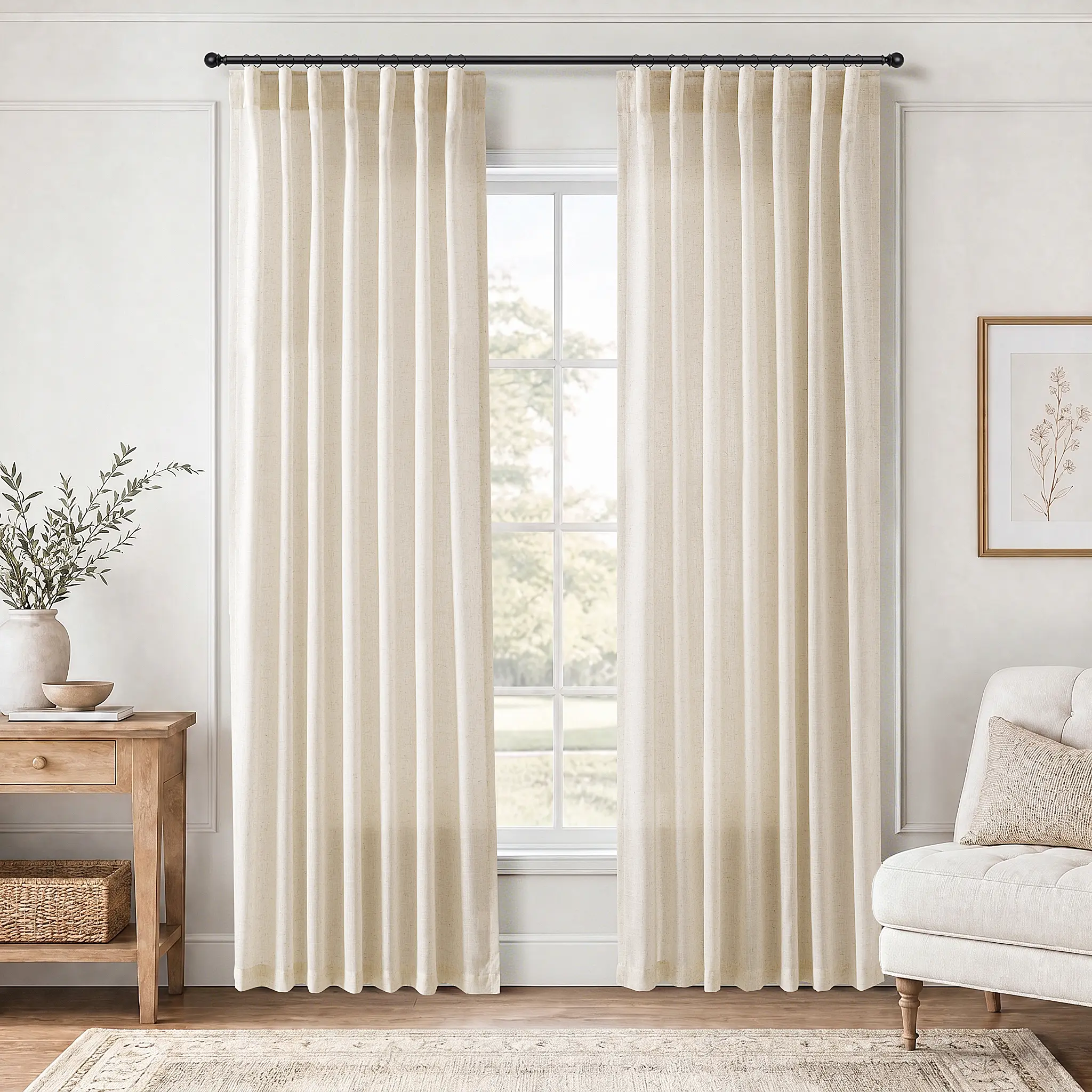 Jowels Linen Curtains 2 Panels Drapes for Living Room Light Filtering Sheer Curtain, Back Tab Pleated with Hooks, Beige Privacy Window Drapes for Bedroom, Boho Farmhouse