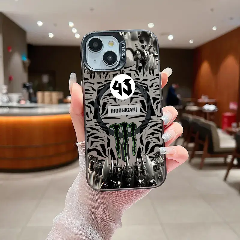 Hoonigan 43 Monster Energy Phone Case for iPhone 17 16 15 14 Pro Max Plus | Cool Racing Ken Block Spikes Graphic Shockproof Clear Silicone Cover