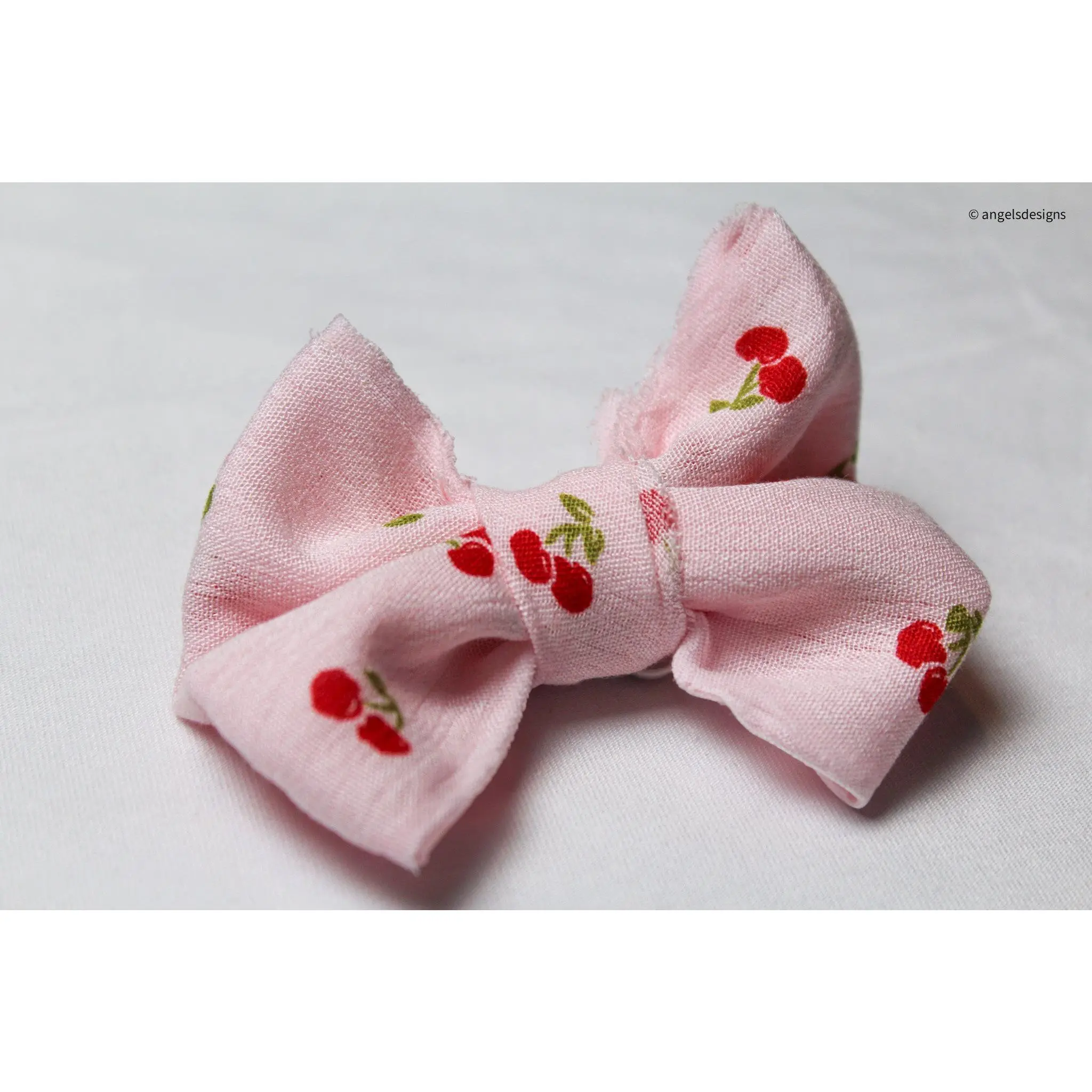 Elastic Hair Bows Cherry and White - Pink Fabric with Red Cherries Secure Elastic Backing for School Parties & Everyday Wear