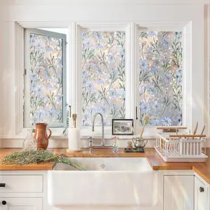 Flower Pattern Window Privacy Film, 1 Roll Double Sided Static Cling Window Film, Window Decorative Sticker, Removable Window Decal for Home Office Bathroom Glass Door