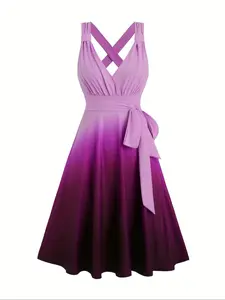 Women's Ombre Print Ruched Criss Cross Knot Front Cami Dress, Elegant Sleeveless A Line Dress for Party Holiday Wedding Guest, Ladies Summer Clothes