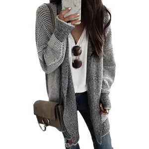 Oversized Long-Sleeve Cardigan Sweater with Open Front, Plaid Coarse-Knit Sweater Coat