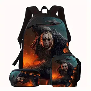 Horror Movies 3 Unisex Backpack - Jason Voorhees Design, Includes School Bag, Pencil Case & Lunch Box, Large Capacity Laptop Bag with Cool Handle Print, Perfect for Daily Commuting, Great Gift for Family & Friend