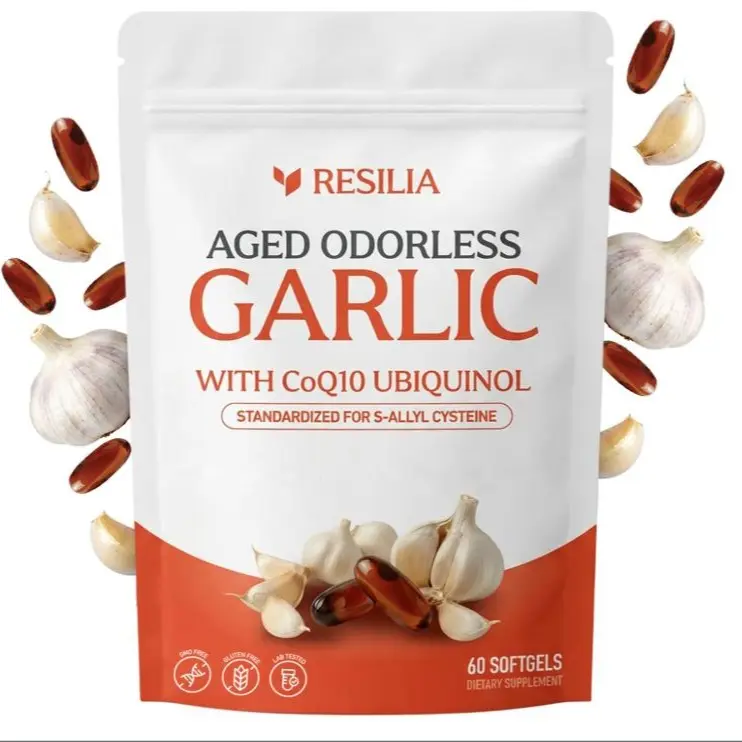 Resilia Odorless Aged Garlic Extract Softgels (60 Count) | 600mg Aged Garlic Extract Per Serving | With CoQ10 Ubiquinol & Vitamin K2 (MK-7) | Dietary Supplement