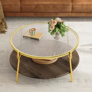 Modern Round Walnut 2-Tiered Coffee Table with Glass Top and Gold Base for Living Room, 29.9"