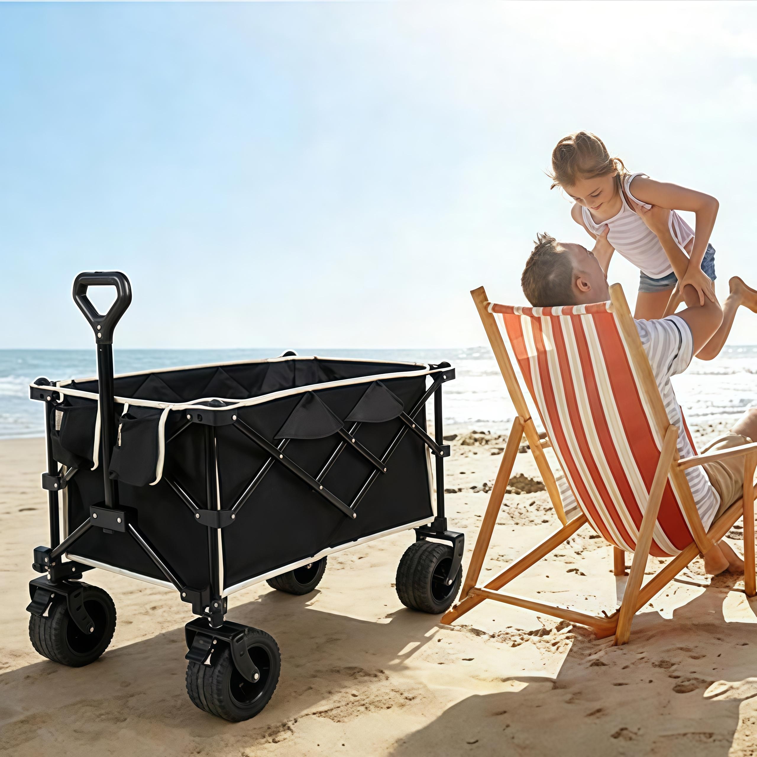 Extra Long Beach Cart with All Terrain Large Capacity Portable Utility,330lbs Capacity,Lightweight Portable Utility Folding Wagon Cart Foldable Utility Cart with Durable Steel Frame & Black Oxford Fabric for Shopping Camping Sports Garden
