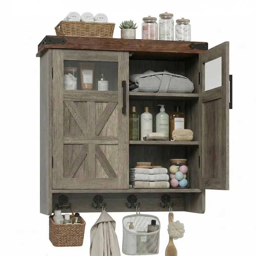 Rustic Farmhouse Wall-Mounted Medicine Cabinet, Bathroom Wall Cabinet with Sliding Barn Door, Adjustable Shelves and 4 Towel Hooks, Wall-Mounted Medicine Cabinets
