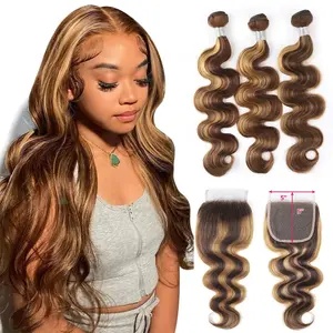 Gefily[14A]4/27 Highlight Body Wave Bundles with Closure 100% Unprocessed Brazilian Virgin Human Hair 4 Bundles with 4x4 Lace Closure(20 22 24 26+16 Inch)Body Wave Hair Free Part