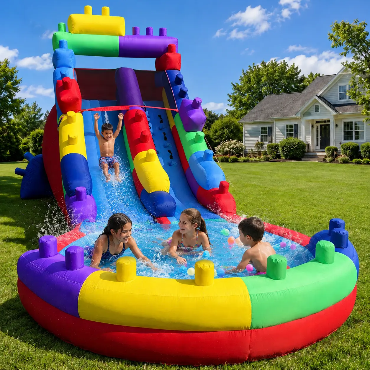 Giant Inflatable Water Slide for Backyard, Family Kids Water Park with Double Slides, Splash Pool, Climbing Wall and Water Cannons, Heavy Duty Outdoor Summer Toy for Boys Girls with Air Blower Included