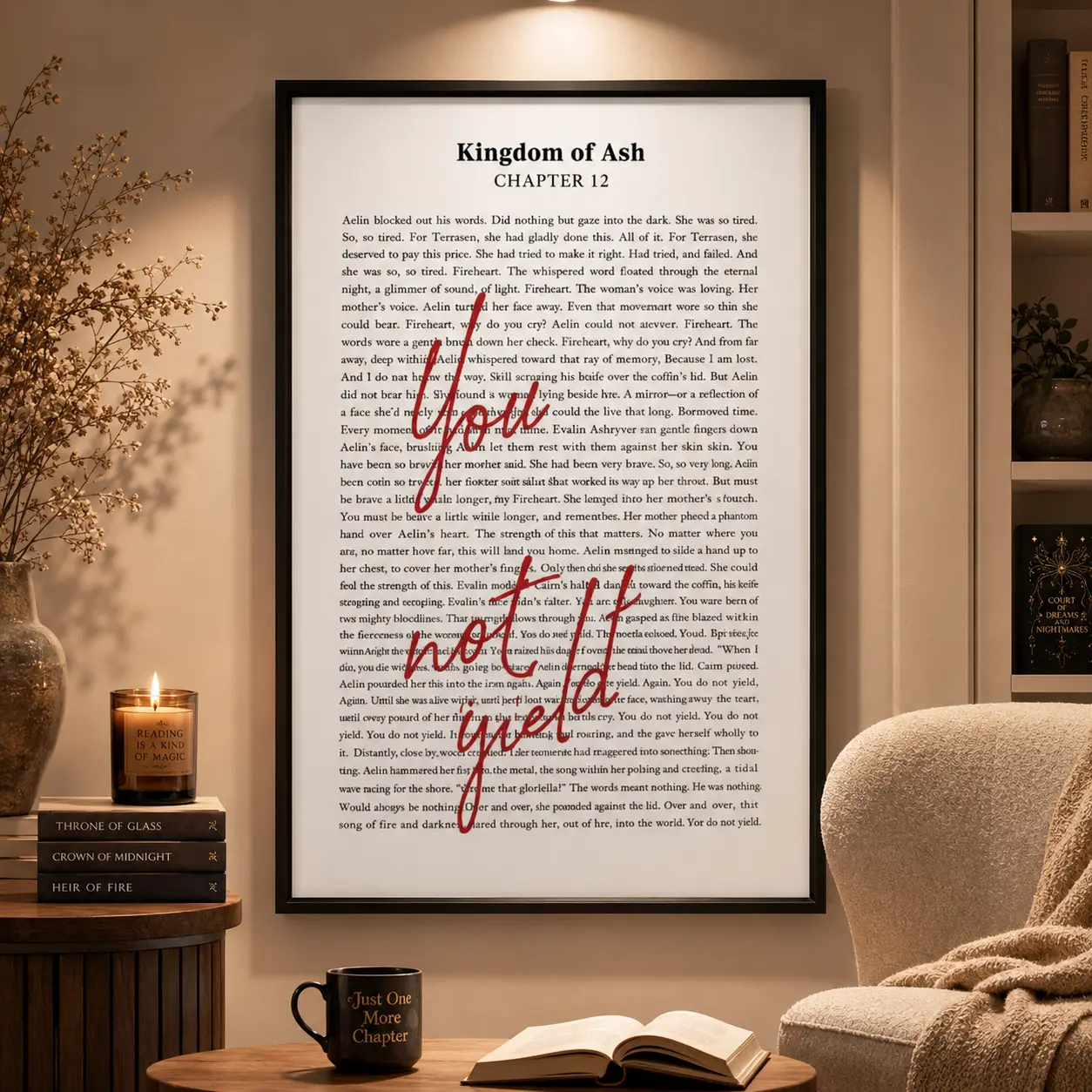 Kingdom of Ash You Do Not Yield Book Page Canvas Wall Art, Throne of Glass Classic Quote Poster, BookTok Bookish Aesthetic Decor for Reading Nook Bedroom Library, Framed Unframed Multiple Sizes