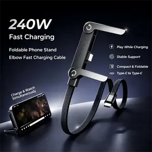 240W Super Fast Charging 2-in-1 Invisible Holder Charger Cable with Stand, Compatible with iPhone, Samsung & Type-C Smartphones, for Gaming & Car Travel Charging Dock Accessory (Black)