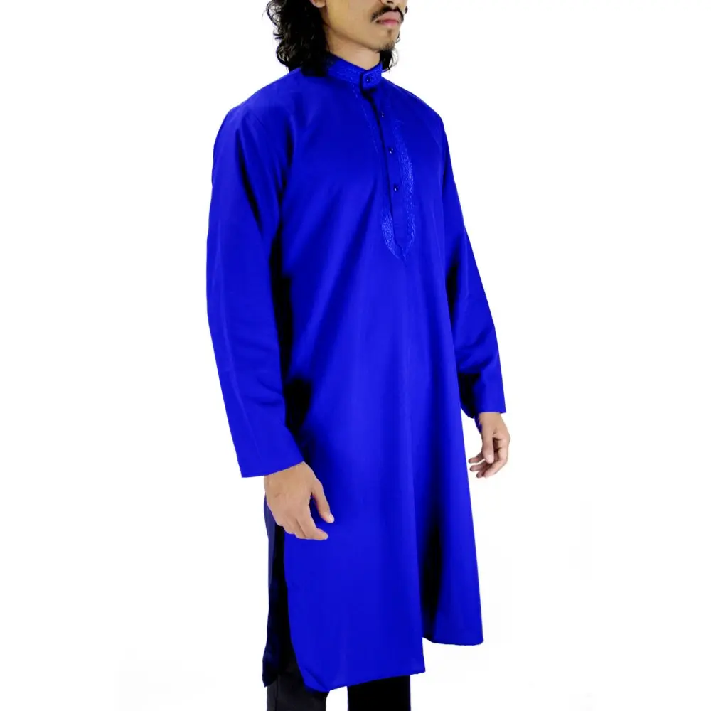 Hijaz Men's Embroidered Plain Royal Blue Kurta Top Wrinkle Free Cotton Short Tunic