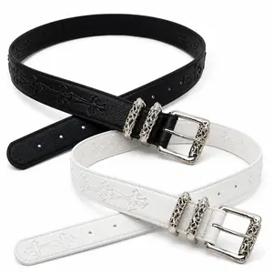 Retro Cross Belt for Men Women, Gothic Embossed Leather Belt with Silver Buckle, Y2K Vintage Punk Waist Belt for Jeans Pants Dresses, Unisex Fashion Belt for Daily Wear Streetwear Party Travel Gift