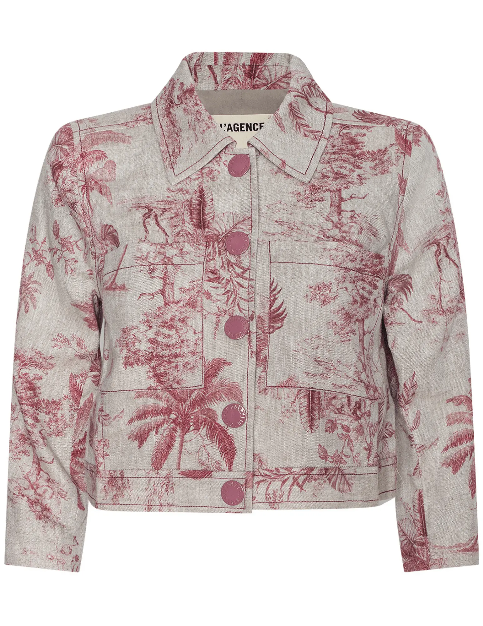 L'AGENCE Eden Cropped Linen Jacket in Tan Multi Textured Jungle Toile