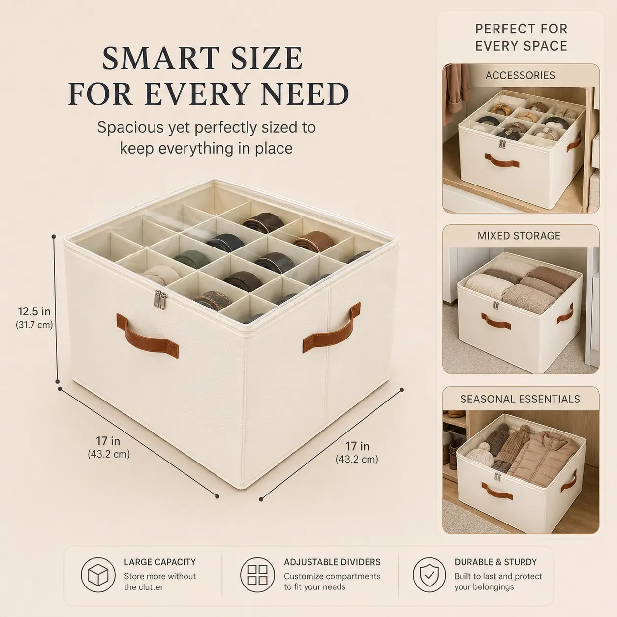 Clear-View Home Storage Organizer,Foldable Closet Storage Bin with Clear Zip Lid & Adjustable Dividers, Large Fabric Organizer Box with 3 Handles for Seasonal Clothes, Accessories, Baby Items, Bedroom Shelf, Dorm Room and Small Space Organization