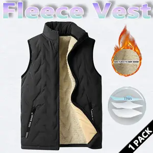 Men's winter thermal vest, wool lining, regular fit, polyester fiber, zipper design, machine washable, casual style, medium size men's top, solid color vest, wetsuit, tractor pattern, beige, black, crew neck, lightweight.