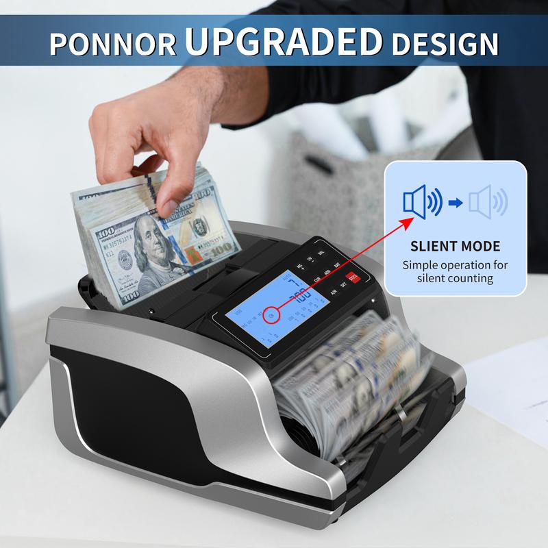 PONNOR Money Counter Machine with UV/MG/IR/MT/DD Detection for Fake Bills, LCD Display, Coin Box, COUNT/ADD/BATCH/AUTO Modes, Silent Operation, 1200 Notes/Minute
