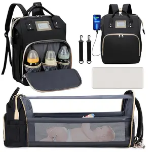 Diaper Bag Backpack, Multifunctional Baby Diaper Bag with Changing Station, Large Capacity Travel Backpack with Insulated Milk Bottle Pocket&Foldable Crib, USB Charging Port