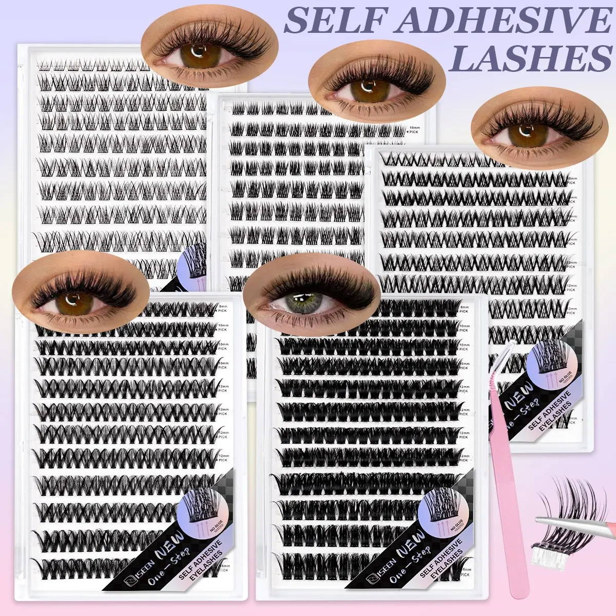 864 Pcs Self Adhesive Makeup Eyelash Clusters, Self Adhesive Eyelashes, 40D/100D/Natural Cluster Lashes/Wispy No Glue Needed, Invisible Strip Tape - Longer Lasting, No Sticky Residue Pre Glued Eyelashes, Comes with matching tweezers